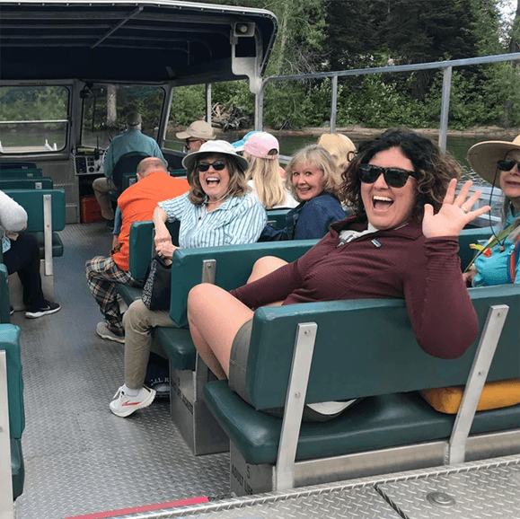 Group of seniors on the boat at Jenny Lake in Grand Teton National Park